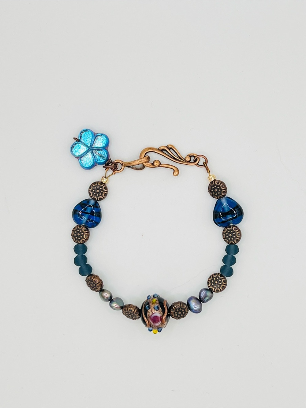 Blue & Antique Copper Bracelet with Lampwork Focal and Czech Glass Beads